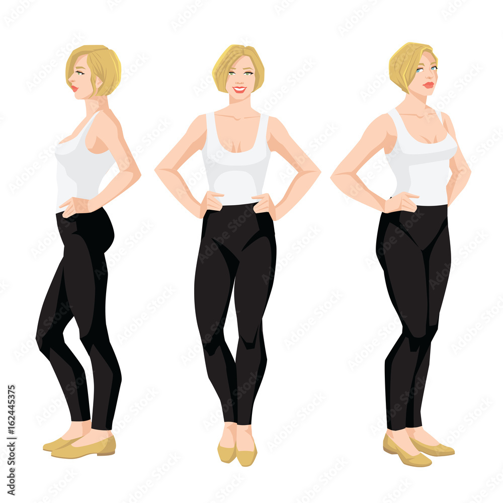 Vector illustration of blonde woman in casual clothes on white background. Various turns woman's figure. Front view and side view. Vector illustration of blonde woman in casual clothes on white background. Various turns woman's figure. Front view and side view.