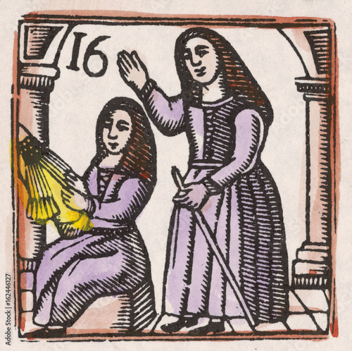 17th century Lace Making - Woodcut. Date: 17th century