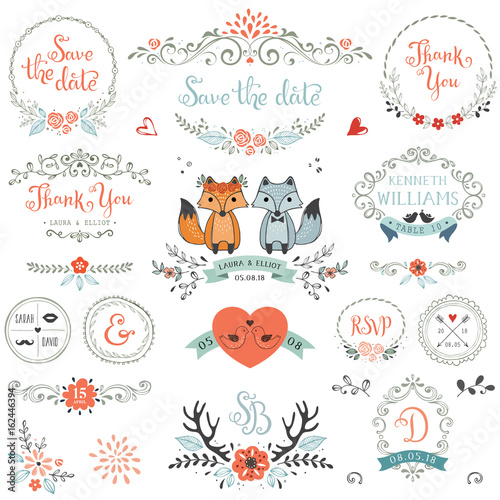 Hand drawn rustic Save the Date and Wedding collection with typographic design elements.