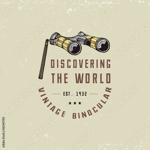 Binocular logo emblem or label monocular vintage, engraved hand drawn in sketch or wood cut style, old looking retro scinetific instrument for exploring and discovering.