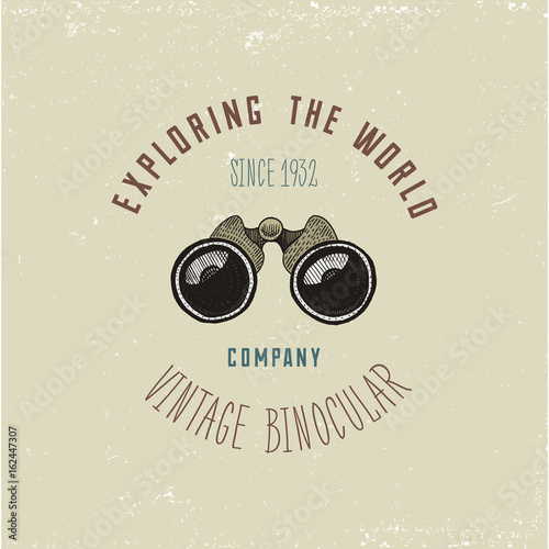 Binocular logo emblem or label monocular vintage, engraved hand drawn in sketch or wood cut style, old looking retro scinetific instrument for exploring and discovering.