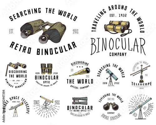 Binocular logo emblem or label astronomical instruments, telescopes oculars and binoculars, quadrant, sextant engraved in vintage hand drawn or wood cut style , old sketch glasses.