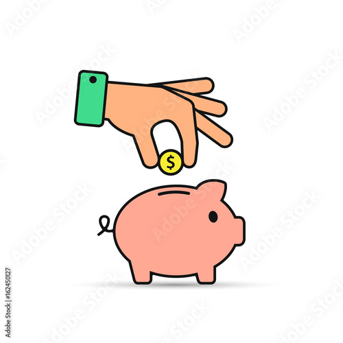 Piggy bank and hand with coin color icon with stroke. Vector