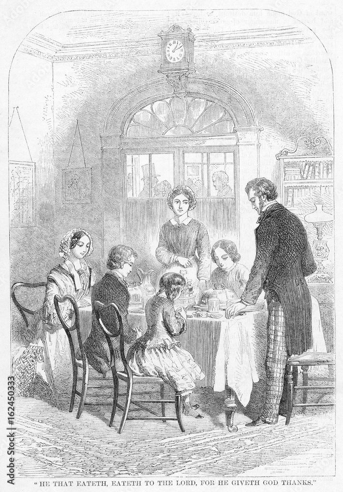 Victorian family saying grace before dinner. Date: 1858