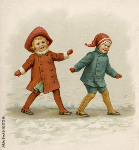 Children sliding on the ice - circa 1890.. Date: circa 1890