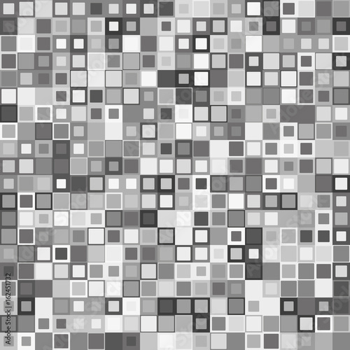 Abstract background. Random size square cells on square grid. Gray shades colors.