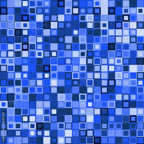Abstract background. Random size square cells on square grid. Blue shades colors.