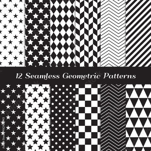 Black and White Geometric Seamless Vector Patterns. Pack of Modern Backgrounds in Diamond, Chevron, Polka Dot, Checkerboard, Stars, Triangles, Herringbone and Stripes. Pattern Tile Swatches Included.