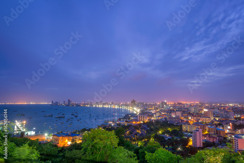 Pattaya City and Sea with suset, Thailand. Pattaya city skyline and pier at suset in Pattaya Chonburi Thailand