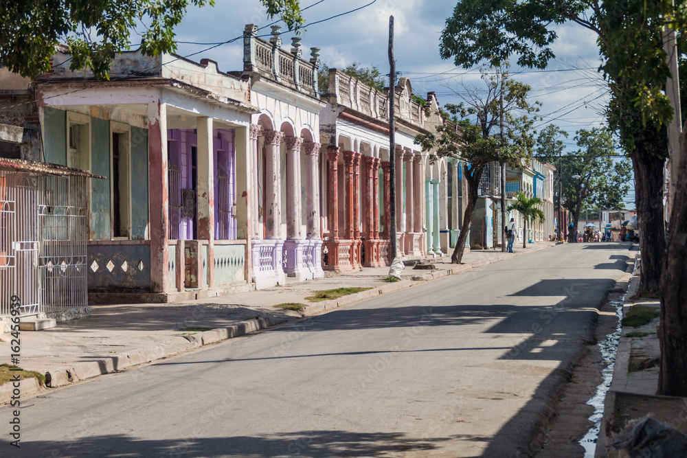 LAS TUNAS, CUBA - JAN 27, 2016: Traditional buildings in the center of Las Tunas.