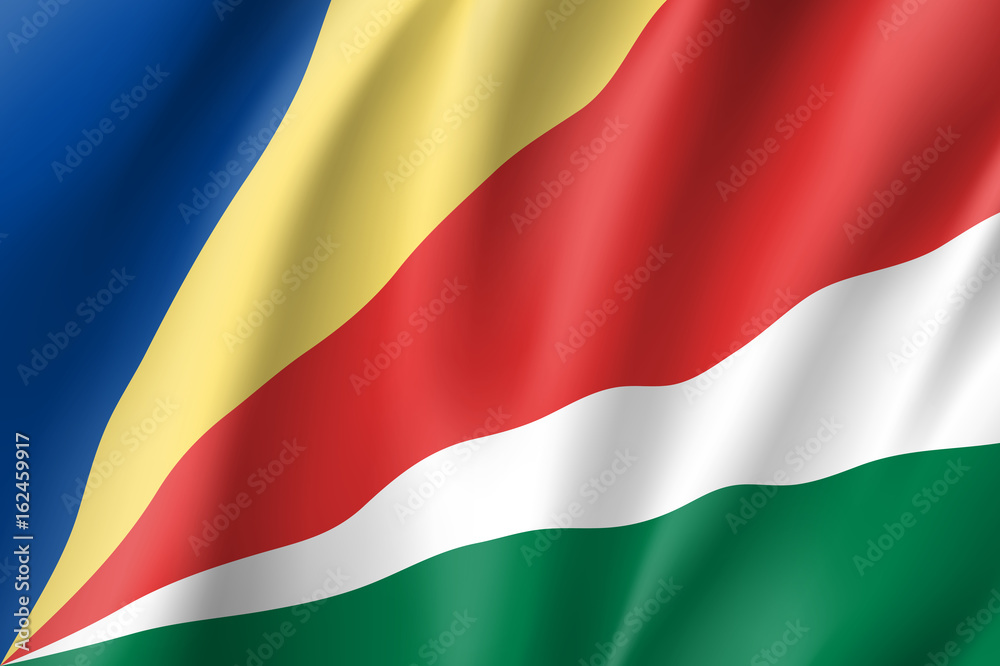 Waving flag of Sychelles. Symbol african state in proportion correctly and official colors. atriotic sign Eastern Africa country. Vector icon illustration Waving flag of Sychelles. Symbol african state in proportion correctly and official colors. atriotic sign Eastern Africa country. Vector icon illustration