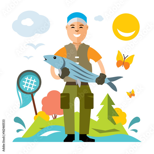 Vector Fishing. Fisherman with big fish. Flat style colorful Cartoon illustration.