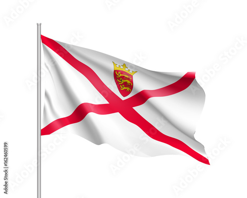 Waving flag of Jersey. Illustration of Europe country flag on flagpole. Vector 3d icon isolated on white background