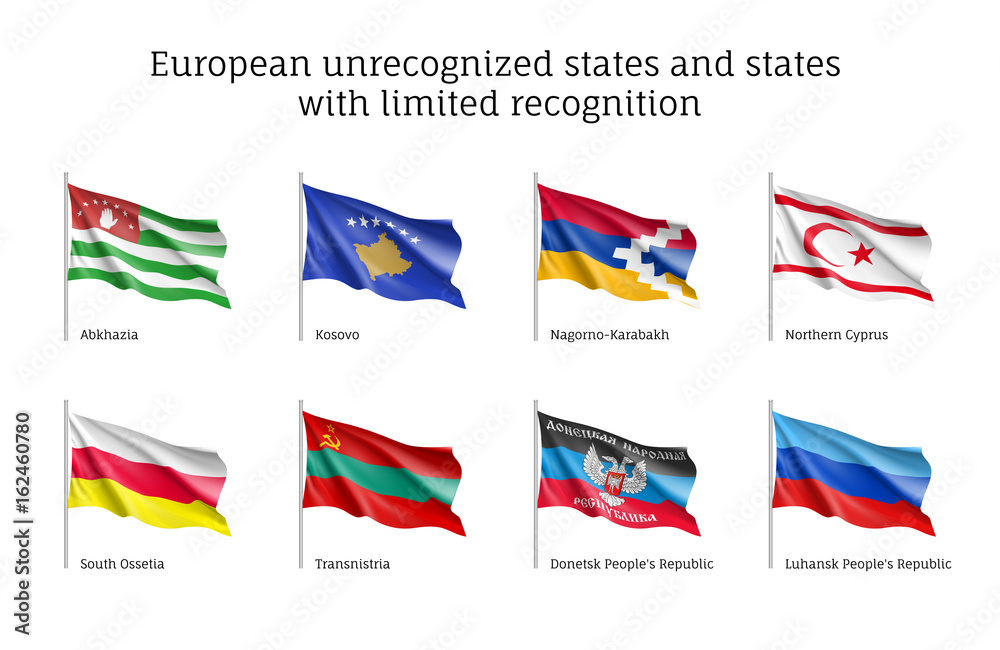 European unrecognized and with unlimited recognition states waving realistic flags, Abkhazia, Kosovo, Nogorno Karabakh, Northern Cyprus, South Ossetia, Transnistria, Donetsk, Luhansk people's republic European unrecognized and with unlimited recognition states waving realistic flags, Abkhazia, Kosovo, Nogorno Karabakh, Northern Cyprus, South Ossetia, Transnistria, Donetsk, Luhansk people's republic