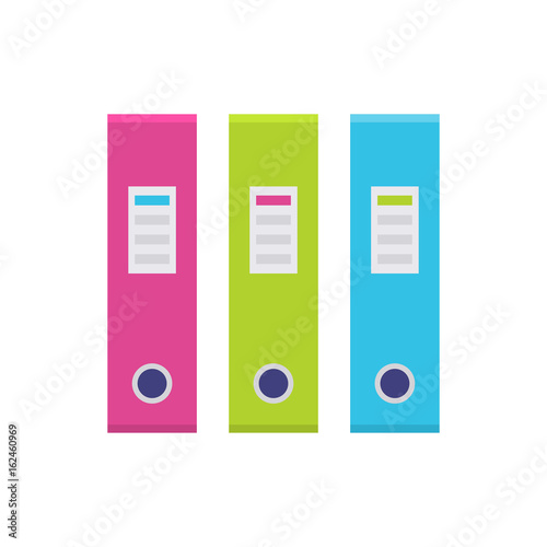 Ring binder in a row, file folder in pink, green, purple and blue color, office supply set. Vector flat style cartoon illustration isolated on white background. Business concept