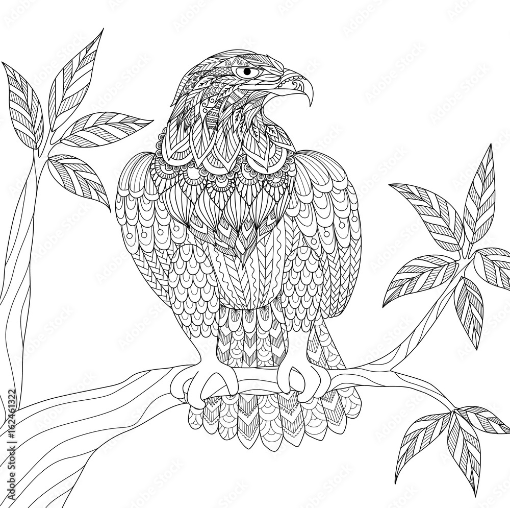 Obraz premium Zendoodle design of Eagle sitting on branch for adult coloring book page. Vector illustration