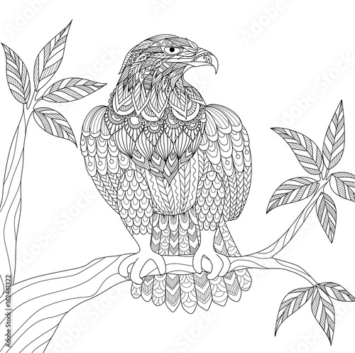 Zendoodle design of Eagle sitting on branch for adult coloring book page. Vector illustration