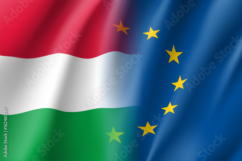 Symbol of Hungary is EU member. European Union sign with twelve gold stars on blue and Hungary national flag. Vector isolated icon