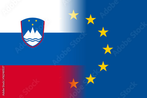 Slovenia national flag with a flag of European Union twelve gold stars, identity and unity with EU, member since 1 May 2004. Vector flat style illustration