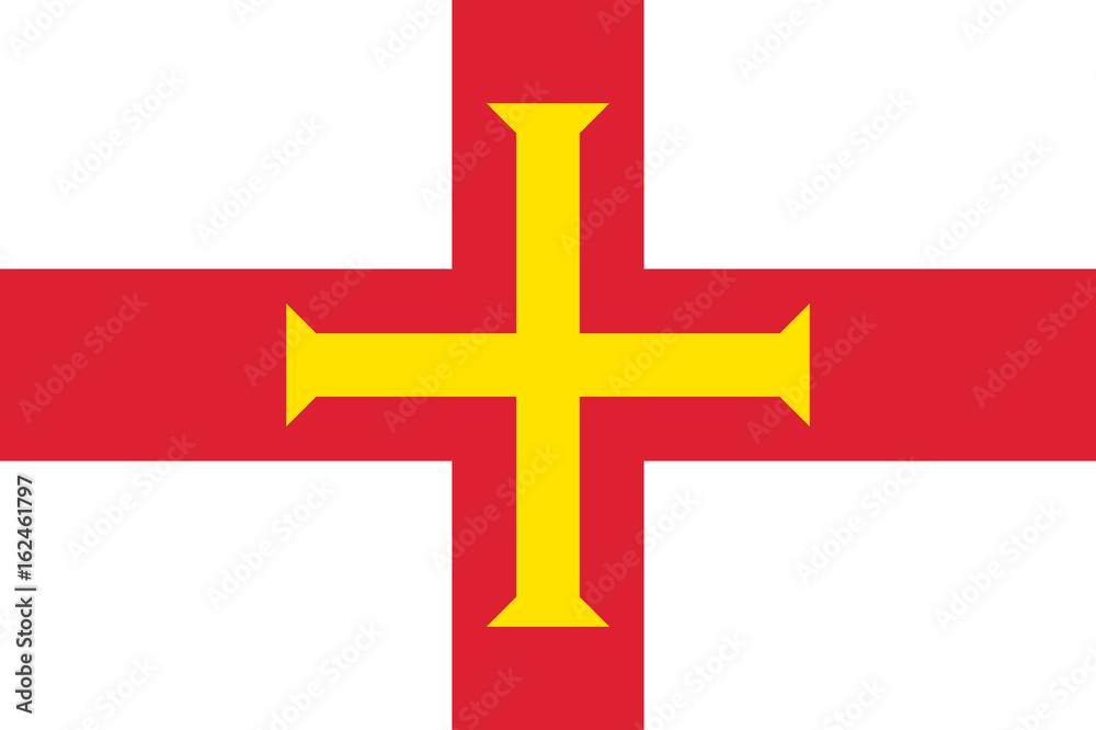 Guernsey, island in the English Channel, civil and state flag, bright red and gold cross within it on white background. Vector flat style illustration Guernsey, island in the English Channel, civil and state flag, bright red and gold cross within it on white background. Vector flat style illustration
