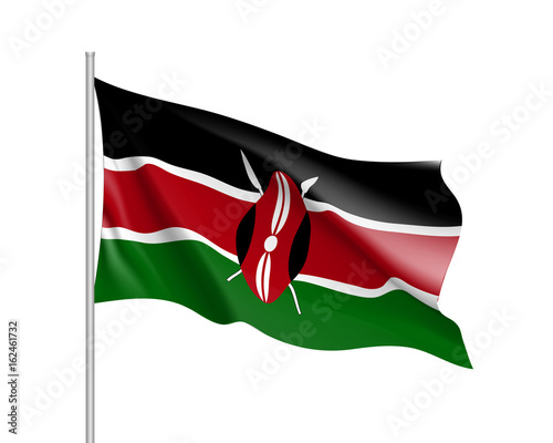 Waving flag of Kenya. Sign african state in proportion correctly and kenyan official colors. Patriotic sign East Africa country. Vector icon illustration