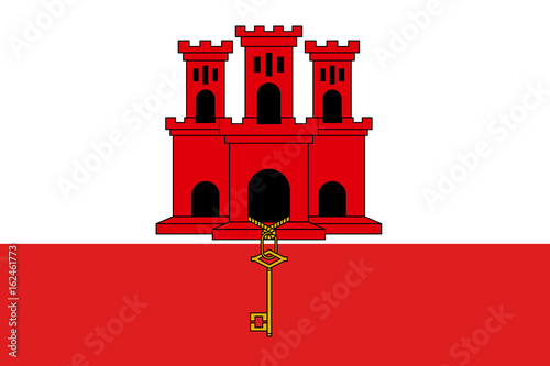 The flag of Gibraltar, white with a red stripe at the bottom, a three-towered red castle, in the middle tower hangs a gold key. Vector flat style illustration