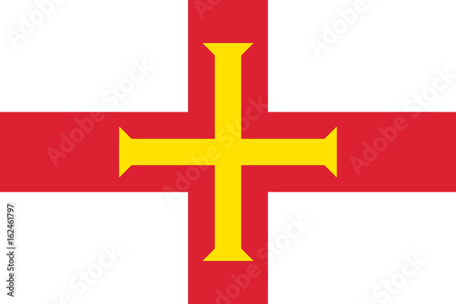 Guernsey, island in the English Channel, civil and state flag, bright red and gold cross within it on white background. Vector flat style illustration