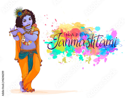 Happy Janmashtami Indian fest decoration background. Celebration of birth of Lord Krishna. Template for flyer, logo, banner, greeting cards. Hand drawn Vector illustration of Dahi Handi on Janmashtami