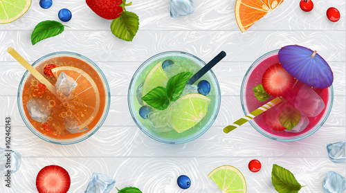 Top view of summer drinks, fruit cocktails on white wood table with berries, mint leaves, ice cubes, wooden texture, hand drawn elements, vector illustration.
