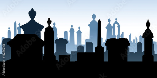 Silhouette of a graveyard crowded full of tombstones.