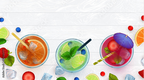 Top view of summer drinks, fruit cocktails on white wood table with berries, mint leaves, ice cubes, wooden texture, hand drawn elements, vector illustration.