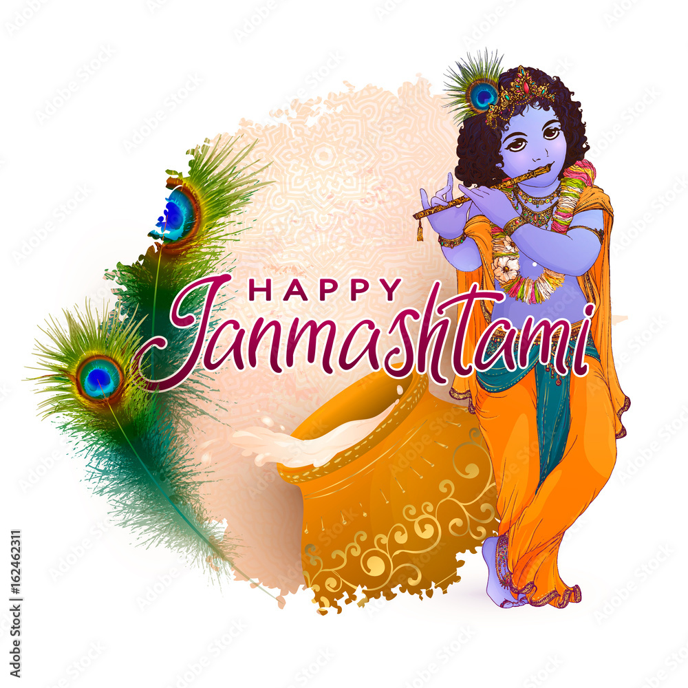 Krishna Janmashtami Logo Design On Black Background. Greeting Card For  Celebration Of The Birth Of The Hindu Deity Krishna. Vector Illustration  Royalty Free SVG, Cliparts, Vectors, and Stock Illustration. Image 81065852.