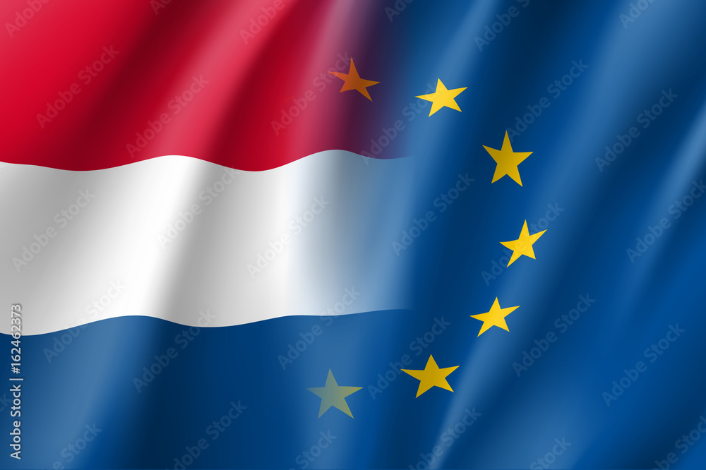 Symbol of Netherlands is EU member. European Union sign with twelve gold stars on blue and Netherlands national flag. Vector isolated icon Symbol of Netherlands is EU member. European Union sign with twelve gold stars on blue and Netherlands national flag. Vector isolated icon