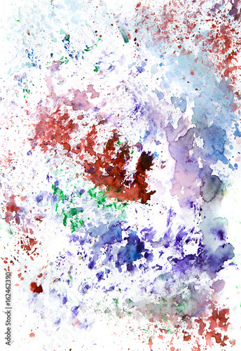 Abstract watercolour hand painted background. Watercolour stains  wash and splashes with space for text. 