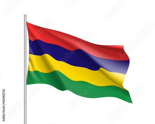 Waving flag of Mauritius. Symbol african state in proportion correctly and official colors and star. Patriotic sign Eastern Africa country. Vector icon illustration