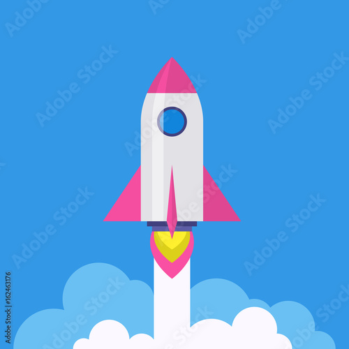 Rocket start sign. Flat internet icon with long shadow in cartoon style. Web and mobile design element. Rocketship - startup launch symbol. Vector colored illustration.
