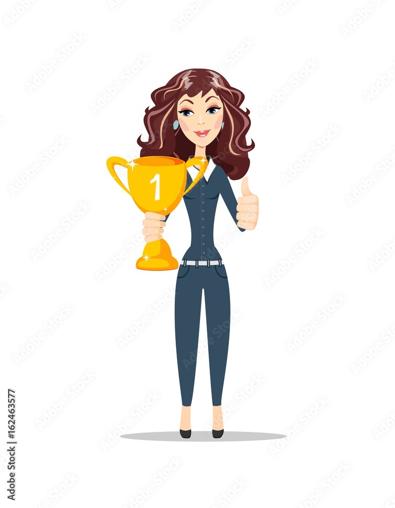 Happy woman holding winner golden cup over white background. Thumbs up. Concept of success. Stock vector illustration Happy woman holding winner golden cup over white background. Thumbs up. Concept of success. Stock vector illustration