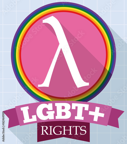 Round Button with Lambda Symbol and Ribbon for LGBT Rights, Vector Illustration