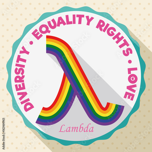 Round Button with Colorful Lambda Symbol for LGBT Equality Rights, Vector Illustration