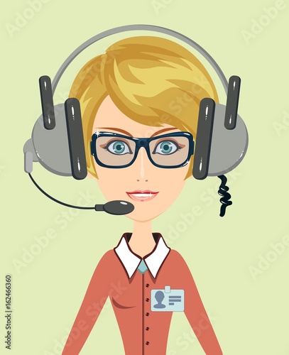 Portrait of happy customer service representative wearing headset isolated over background. Stock vector illustration