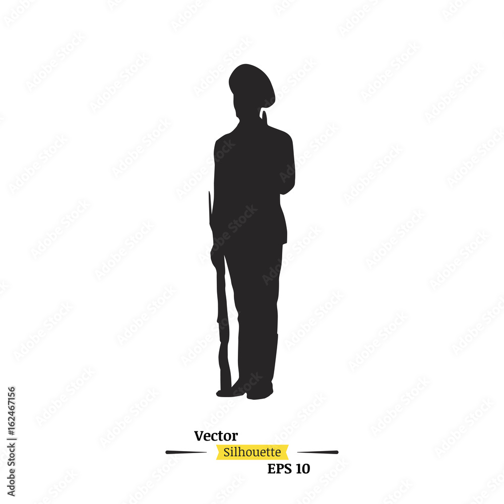 Dark silhouette of a soldier with a rifle on a white background. A soldier stands on a post. Flat vector illustration EPS 10