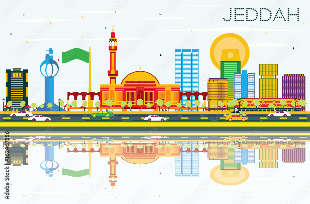 Jeddah Skyline with Color Buildings, Blue Sky and Reflections.