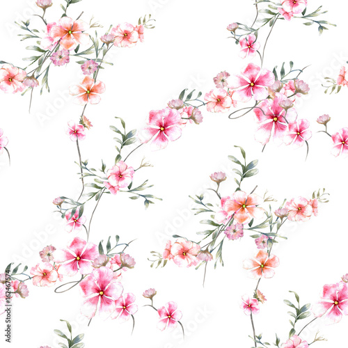 Watercolor painting of leaf and flowers, seamless pattern on white background © photoiget