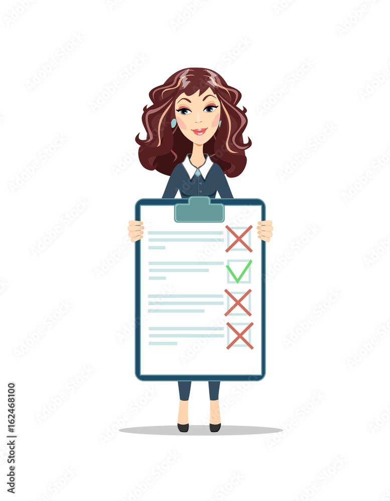 Businesswoman with a clipboard with green tick and red crosses. Flat design clip board and check marks Businesswoman with a clipboard with green tick and red crosses. Flat design clip board and check marks