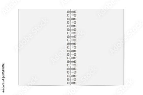 Blank realistic opened spiral notebook isolated on white background. Vertical copybook. Template mock up of organizer or diary. Vector