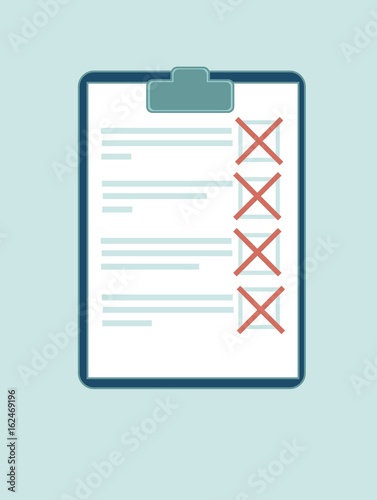 Vector clipboard with red crosses. Flat design clip board and check marks
