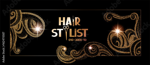 Hairstylist  business card with woman's gold curly hear. Vector illustration