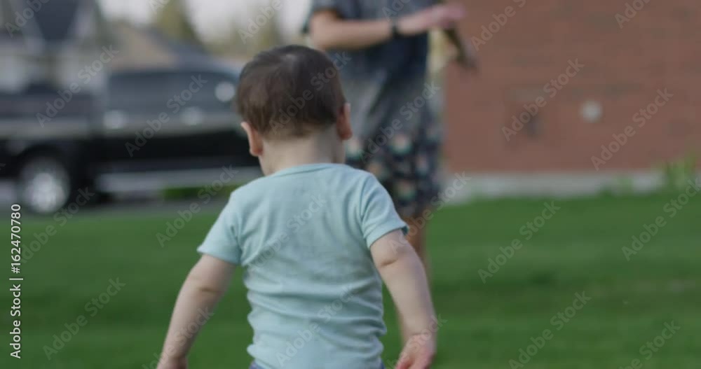 Toddler runs towards mom on front lawn Toddler runs towards mom on front lawn