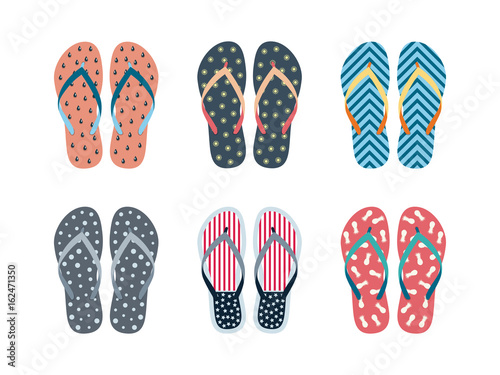 Summer flip flops set isolated on white background. Flip flops with different designs drawn in flat style
