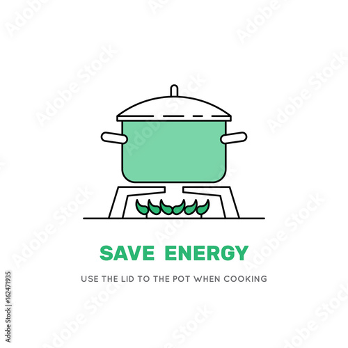 Boiling water in pan. Green cooking pot on stove. Flat line design graphics elements. Vector illustration on white background isolated